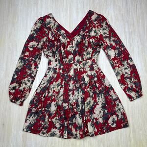 Miss Me Floral Pleated Long Sleeve V-Neck Boho Chic A-Line Casual Mini Dress S